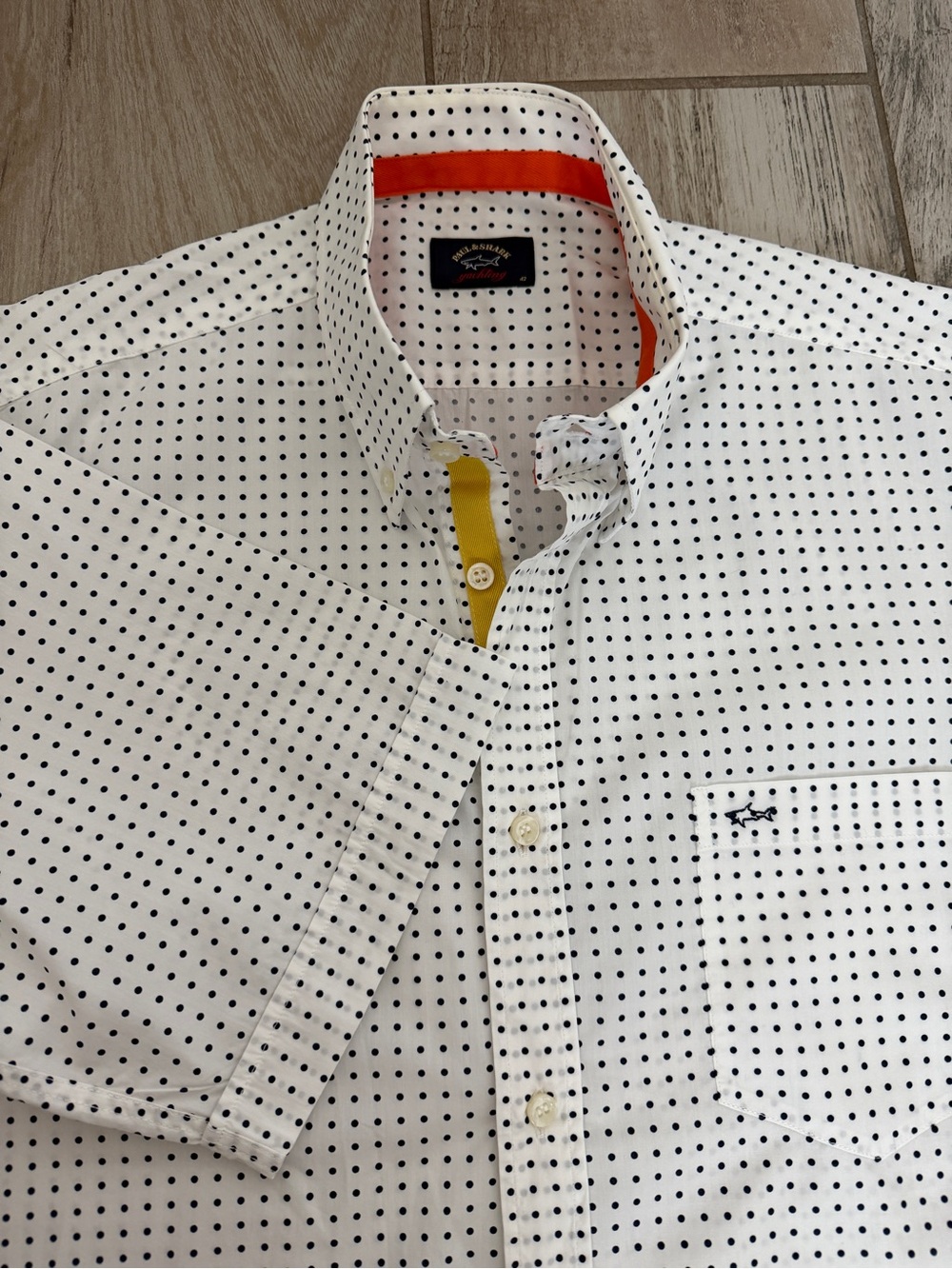Paul & Shark White Shirt with Navy Dot Pattern and Orange Trim